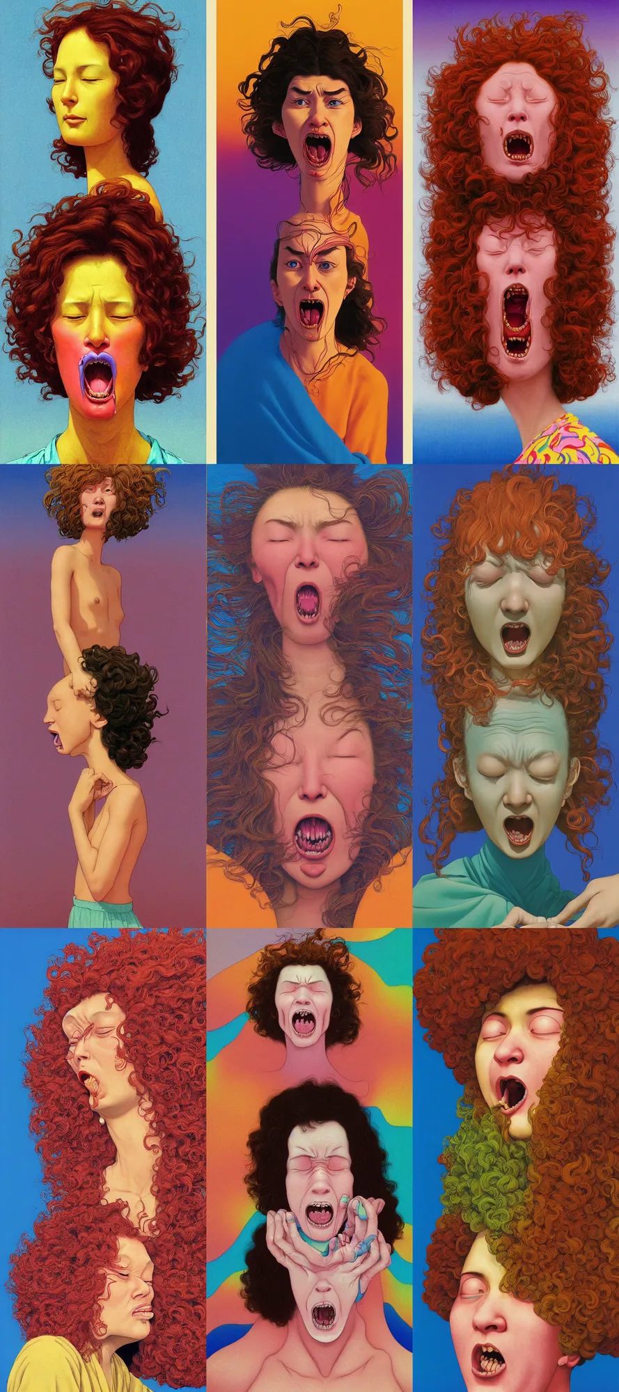 Prompt: a colorful vibrant closeup portrait of a simple caucasian woman with curly mid length brown hair with a fearful afraid aesthetic face scream tongue and dreaming psychedelic hair, by kawase hasui, moebius, edward hopper and james gilleard, zdzislaw beksinski, steven outram colorful flat surreal design, hd, 8 k, artstation