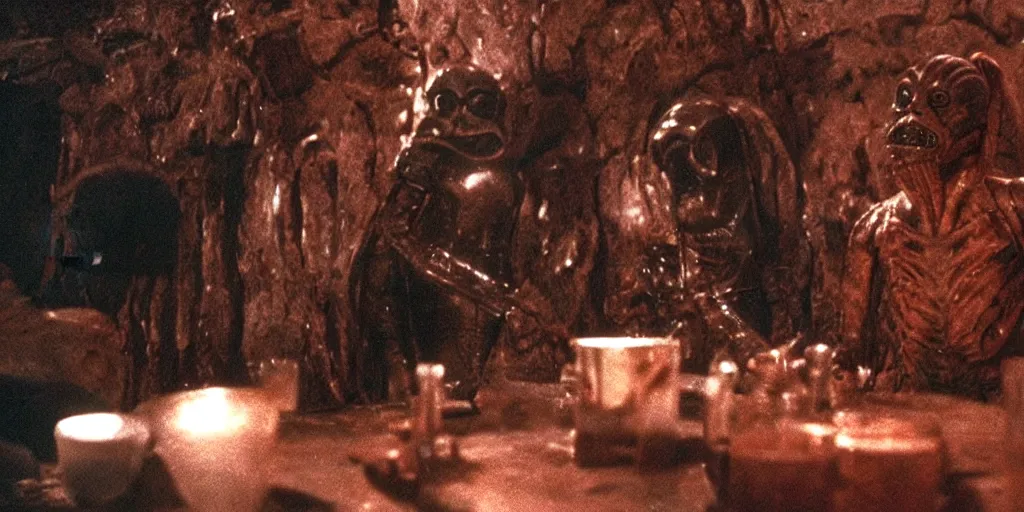 Prompt: still of two aliens having a drink in Mos Eisley Cantina in Star Wars (1977).