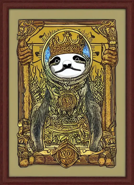 Image similar to sloth as the king of cups, framed, intricate details, medieval art style, high contrast, posterized