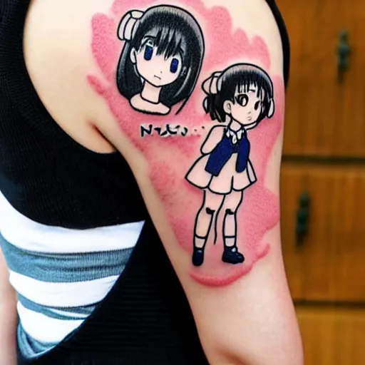 Image similar to a cute manga school girl tattoo by Hayao Miyazaki and Naoko Takeuchi, manga japanese school girl, tattoo on upper arm