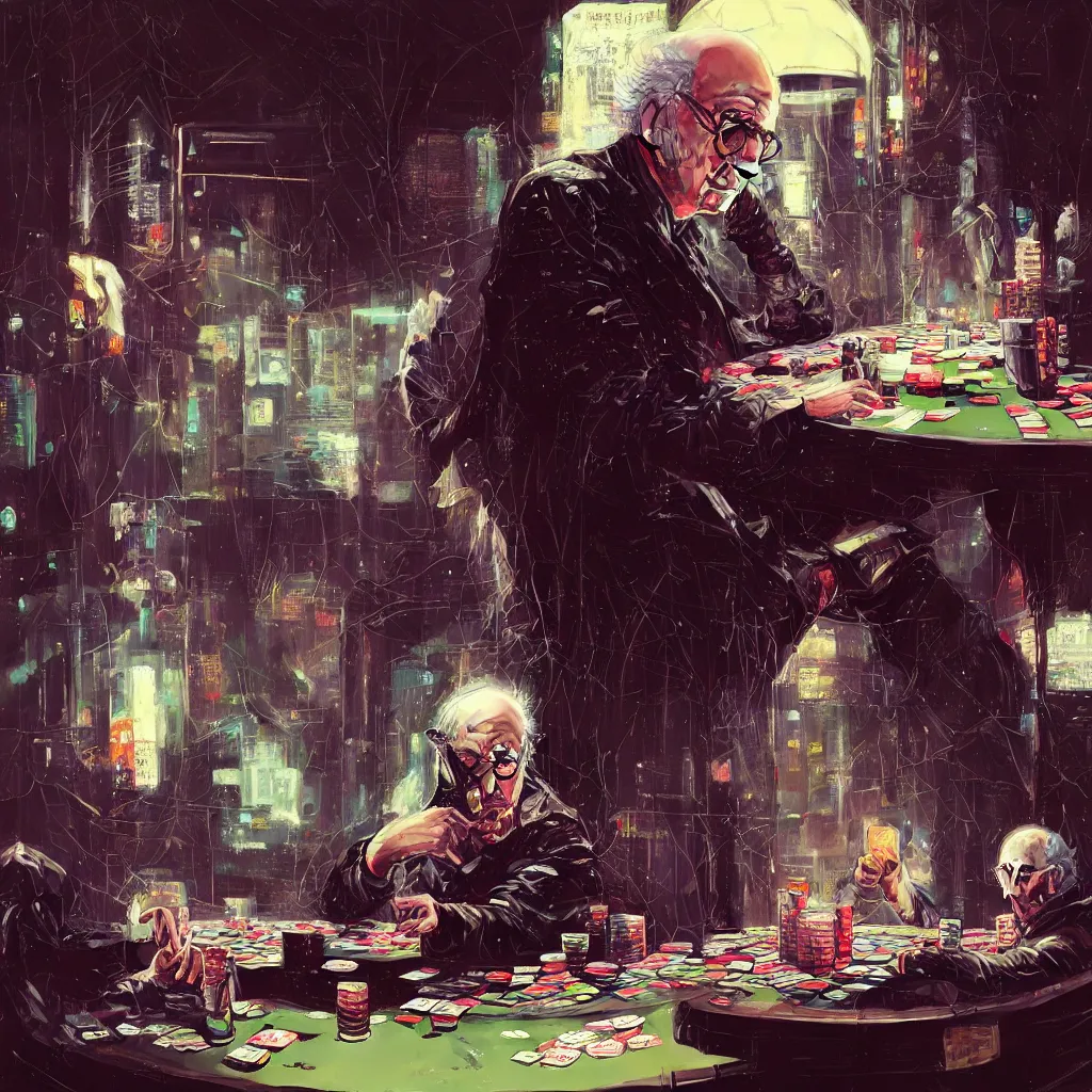 Image similar to detailed portrait larry david playing poker, cyberpunk futuristic neon, reflective puffy coat, decorated with traditional Japanese ornaments by Ismail inceoglu dragan bibin hans thoma greg rutkowski Alexandros Pyromallis Nekro Rene Maritte Illustrated, Perfect face, fine details, realistic shaded, fine-face, pretty face