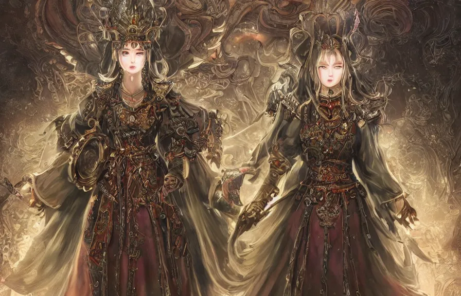 Prompt: an concept art of the korean queen surrounded by magic guards, long hair, makeup, intricate details, detailed face, detailed short dress, one central character, artstation, epic pose, colourful light, by kentaro miura and masanoriwarugai