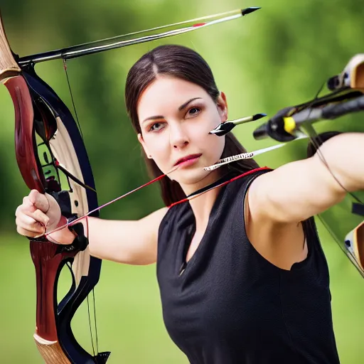 Prompt: photo realistic, consistent and highly detailed face, a attractive sports woman in archery, pointing his bow, uhd 8 k, highly detailed
