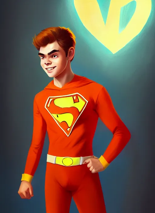 Image similar to kind teenage archie andrews wearing an orange superhero costume, superhero costume with heart emblem, cape, intricate, elegant, glowing lights, highly detailed, digital painting, artstation, sharp focus, illustration, art by wlop, mars ravelo and greg rutkowski