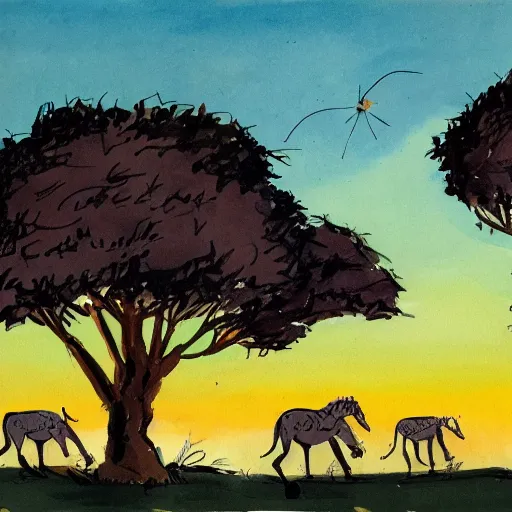 Prompt: quentin blake illustration of a safari at sunset