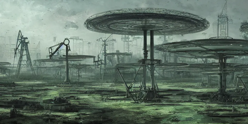 Image similar to hyper detailed digital matte painting of numerous futuristic oil pump jacks, sprawling across empty and parched landscape, by francisco goya, chernobyl style industrial green matte, hypermaximalist, behance hd, a masterpiece, artstation, nightcafe, unsettling, mysterious, odd, by stephan martiniere and alexander fedosav