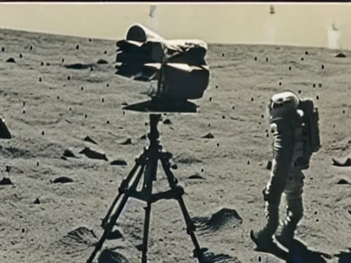 Prompt: astronauts filming a movie on the moon, with stanley kubrick visible in the background | b&w, NASA photo archive