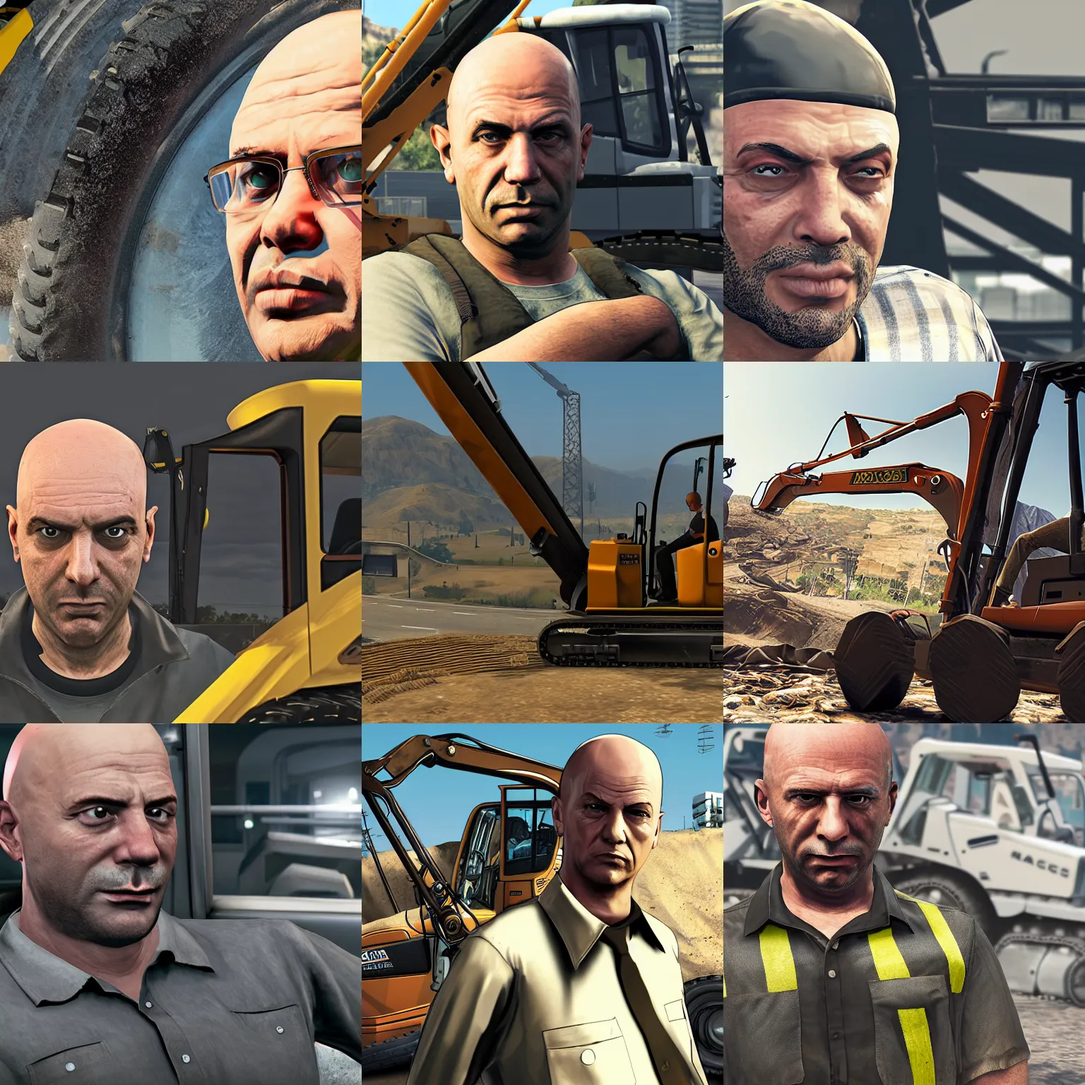 Prompt: Bald man sitting in excavator, closeup, GTA V poster