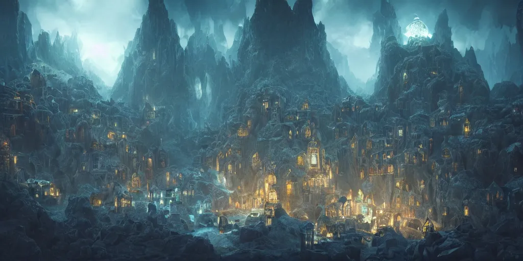 Image similar to A shining dwarven city in a dark, rainy and gloomy cavern, fantasy digital art, octane render, beautiful composition, trending on artstation, award-winning photograph, masterpiece