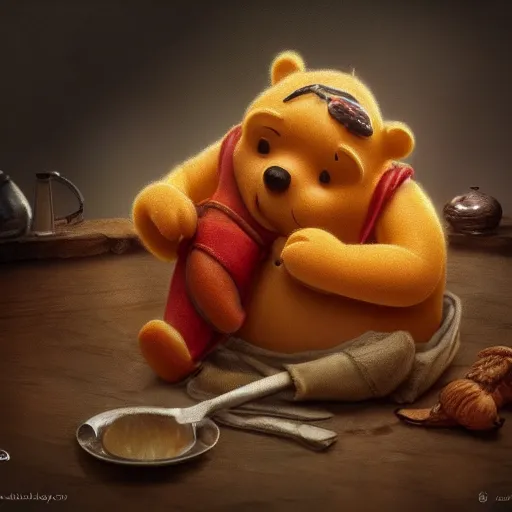 Prompt: winnie the pooh eating lasagne, extreme close up cute dystopian award winning photography, extremely detailed, artstation, 8 k, sensual lighting, incredible art, wlop, artgerm