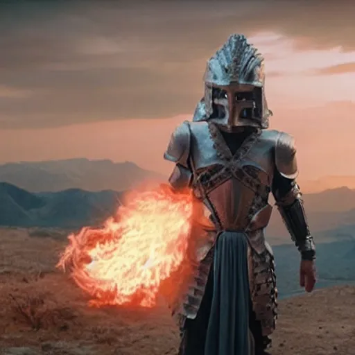 Image similar to cinematic still of ghostly man in ancient Canaanite armor and a flaming sword, paradise in the background, Biblical epic directed by Peter Jackson