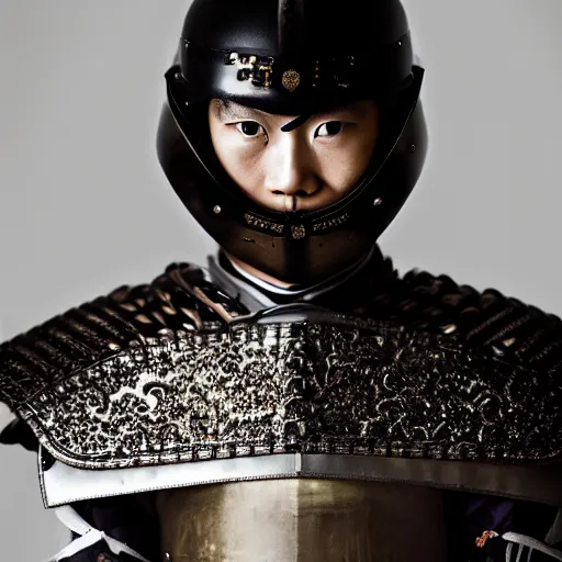 Prompt: a portrait of a beautiful young samurai male wearing an alexander mcqueen armor , photographed by andrew thomas huang, artistic