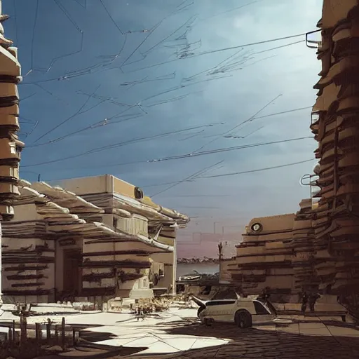 Image similar to cyberpunk pueblo architecture covering a desert landscape