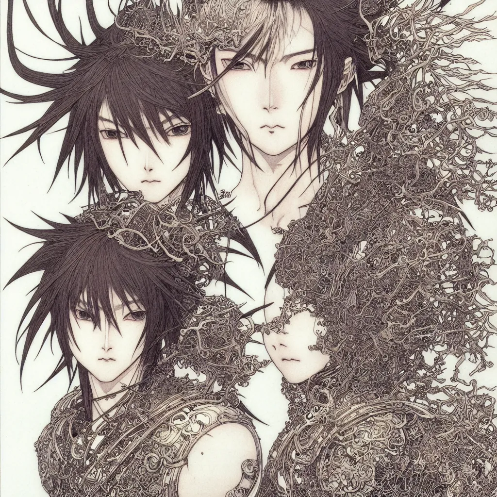 Prompt: prompt: human Fragile looking character soft light portrait face drawn by Takato Yamamoto, modernistic looking armor with wild hairstyle, inspired by Evangeleon anime, alchemical objects on the side, soft light, intricate detail, intricate ink and gouache painting detail, manga and anime 1990 high detail, manga 1990