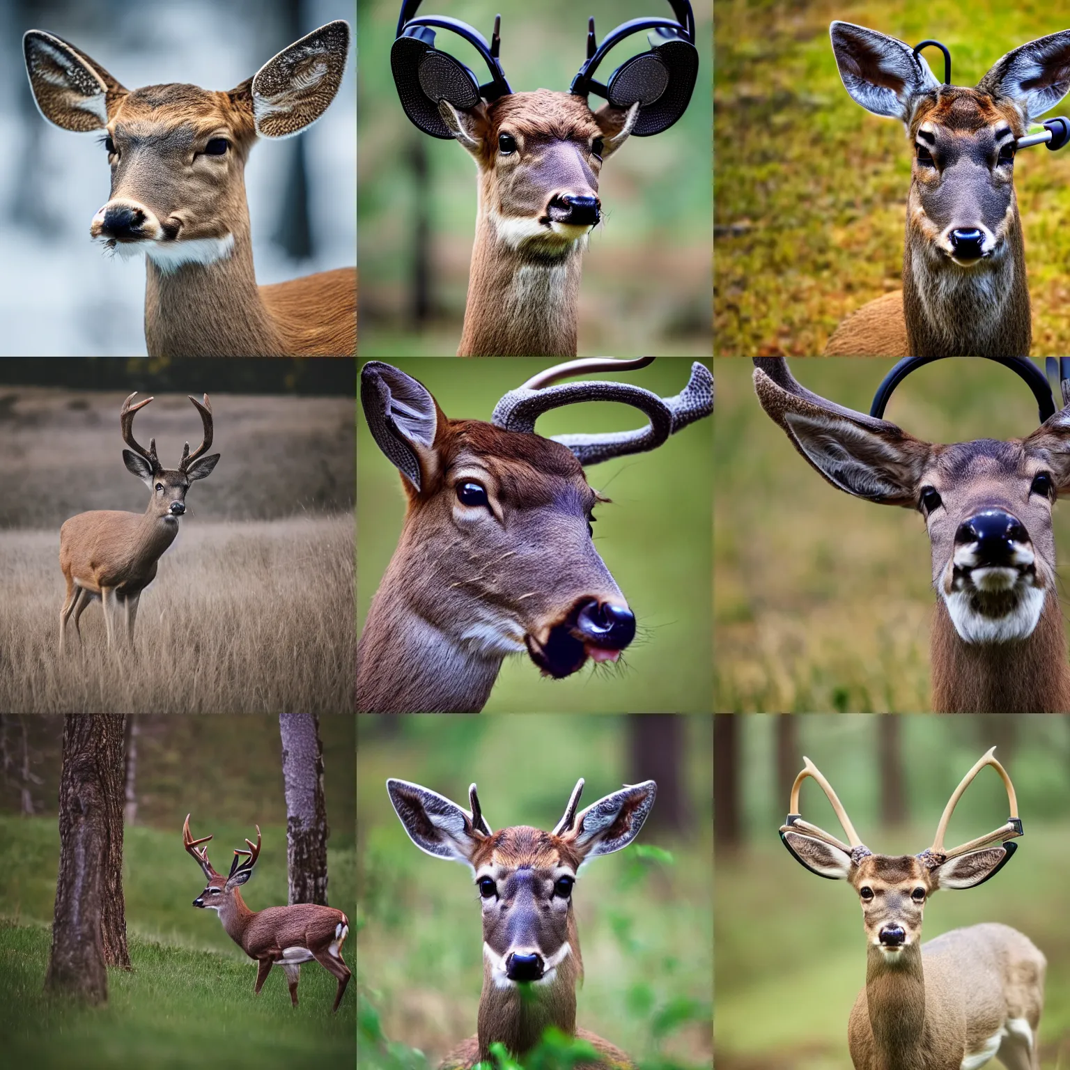 Prompt: wildlife photography of a deer wearing gaming headphones, dslr, telephoto, 1 0 0 mm, 4 k