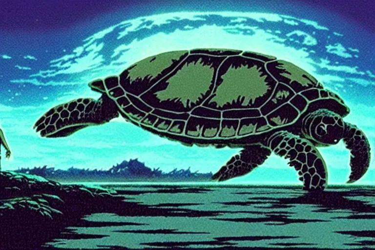 Image similar to a still from princess mononoke ( 1 9 9 7 ) film of an alien mothership shaped like a sea turtle, at night in the suburbs. full body, wide shot, very muted colors, post grunge, studio ghibli, laurie greasley, highly detailed, deviantart, art by artgem