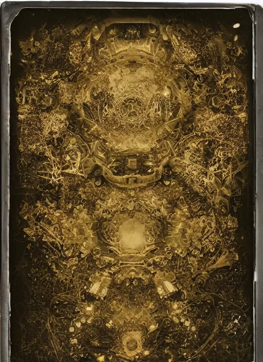 Image similar to old wetplate daguerreotype the opening of pandora's box, explosion of data fragments, fractal, intricate, elegant, highly detailed, parallax, leica, medium format, subsurface scattering, by jheronimus bosch and greg rutkowski and louis jacques mande daguerre