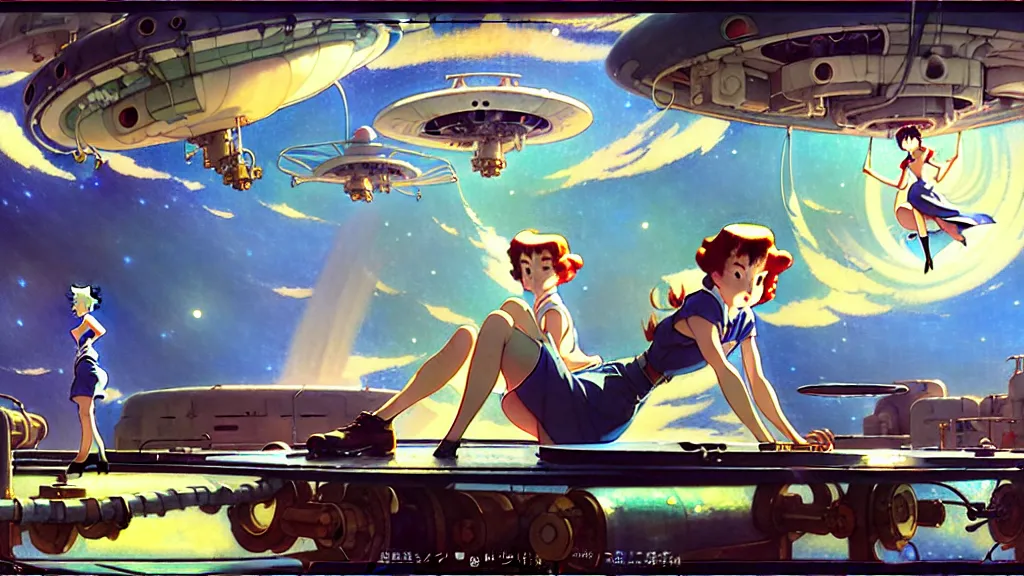 Prompt: a film still of a 1 9 5 0's mechanic anime girl sitting on top of flying ufo landing in hangar of giant ufo spaceship, trending on pixiv fanbox, painted by gaston bussiere, makoto shinkai, akihiko yoshida, gaston bussiere, craig mullins