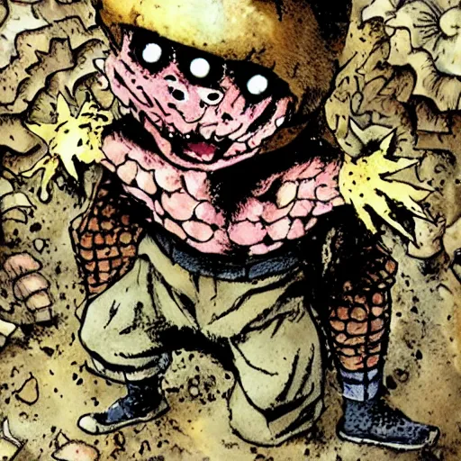 Prompt: en from dorohedoro eating a mushroom