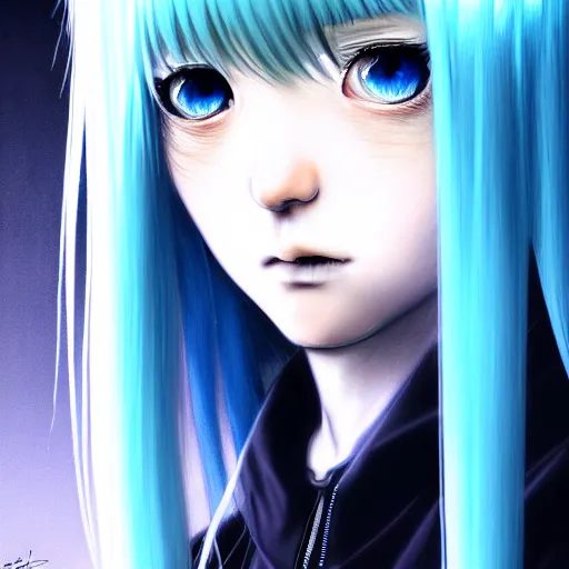 Image similar to full face shot of rimuru tempest, sky blue straight hair, long bangs, with amber eyes, wearing a black jacket, high collar, ultra detailed, concept art, award winning photography, digital painting, cinematic, wlop artstation, closeup, pixiv, evil, yoshitaka amano, andy warhol, ilya kuvshinov,