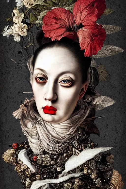Prompt: Detailed maximalist portrait with large lips and with large pure white eyes, sad, exasperated expression, HD mixed media, 3D collage, highly detailed and intricate illustration in the style of Caravaggio, dark art, baroque