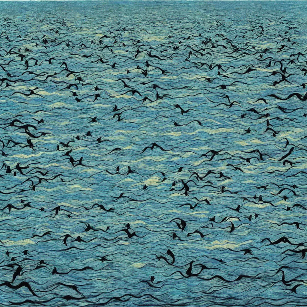 Image similar to blackswans in a lake, lake is super blue, sky is visible, lake surrounded by forest, by collaboration of M. C. Escher and Salvador Dali and Van Gogh