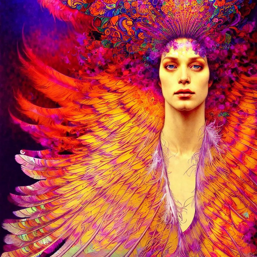 Image similar to face of innocent psychedelic transcendent feather mind bending psychedelic wings of glossy liquid honey flowing like kaleidoscopic translucent holograph, lsd feathers, feathery fluff, enlightenment, high contrast dappled lighting, refracted sunset, highly detailed, concept art, art by collier, albert aublet, krenz cushart, artem demura, alphonse mucha