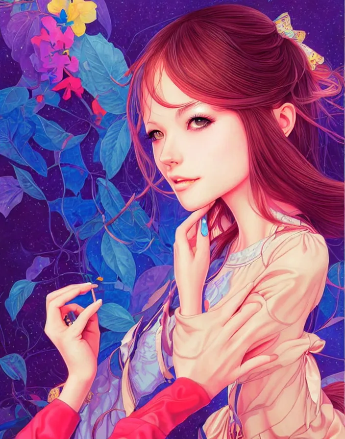 Image similar to richly detailed color  illustration of a pretty young woman, 'Magical Mystery Tour' is the theme, very soft shadowing, large scale image. art by Artgerm and Range Murata.