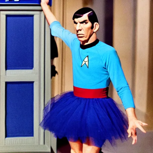 Image similar to color photo of spock in a tutu exiting the tardis