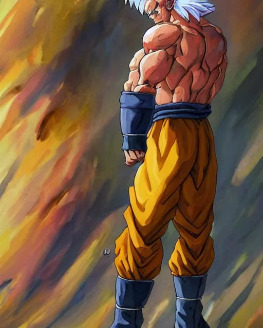 Image similar to a oil / watercolor painting full body character portrait of an old saiyan soldier powering up to protect his family in the style of moebius in the style of leonard boyarsky trending on artstation deviantart pinterest detailed photorealistic highlights and shadow hd 8 k post - processing high resolution