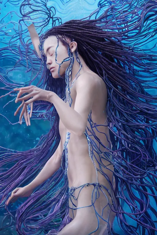 Image similar to a centered full body render of a dancing festival hippy with long flowing dreadlocks surrounded by a underwater ink pour and flowing liquid gallium and sacred geometry, perfect body and face, gorgeous, cinematic, beautifully lit, by miho hirano, by karol bak, by donato giancola, 3 d, trending on artstation, octane render, 8 k