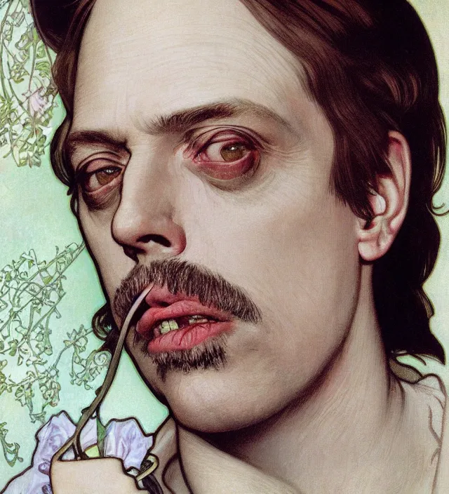 Prompt: detailed closeup portrait of steve buscemi by alphonse mucha, ayami kojima, yoshitaka amano