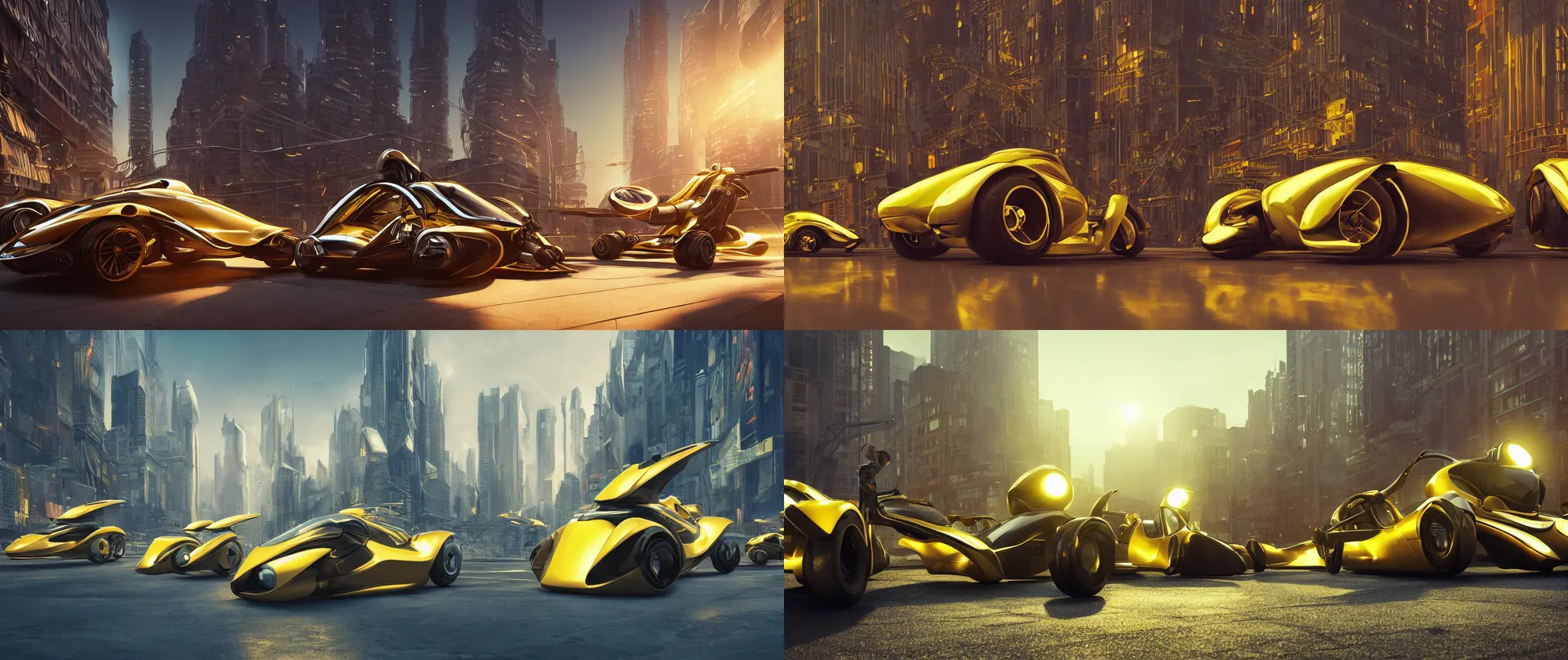 Prompt: Personal Pod Vehicles designed by Syd Mead, hypermaximalistic, high details, cinematic, 8k resolution, beautifully detailed, insanely intricate details, artstation trending, octane render, hard surface model, warm yellow lights, golden hour, city background in silhouette,