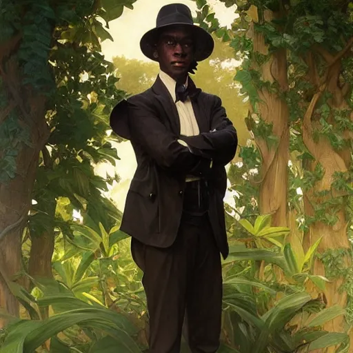 Prompt: portrait of a black leyendecker man with green trees in the background, devious, intricate, elegant, highly detailed, digital painting, artstation, concept art, smooth, sharp focus, illustration, art by artgerm and greg rutkowski and alphonse mucha and william - adolphe bouguereau
