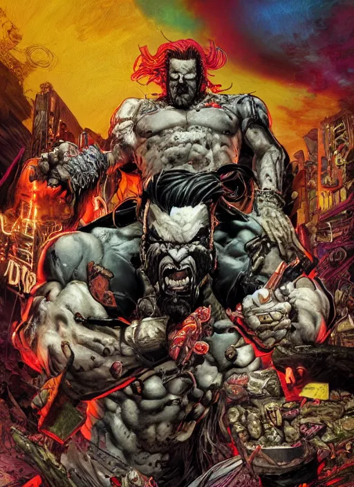 Image similar to first issue of lobo comic book cover art by simon bisley and ariel olivetti, au naturel, hyper detailed, digital art, trending in artstation, cinematic lighting, studio quality, smooth render, unreal engine 5 rendered, octane rendered, art style by klimt and nixeu and ian sprigger and wlop and krenz cushart