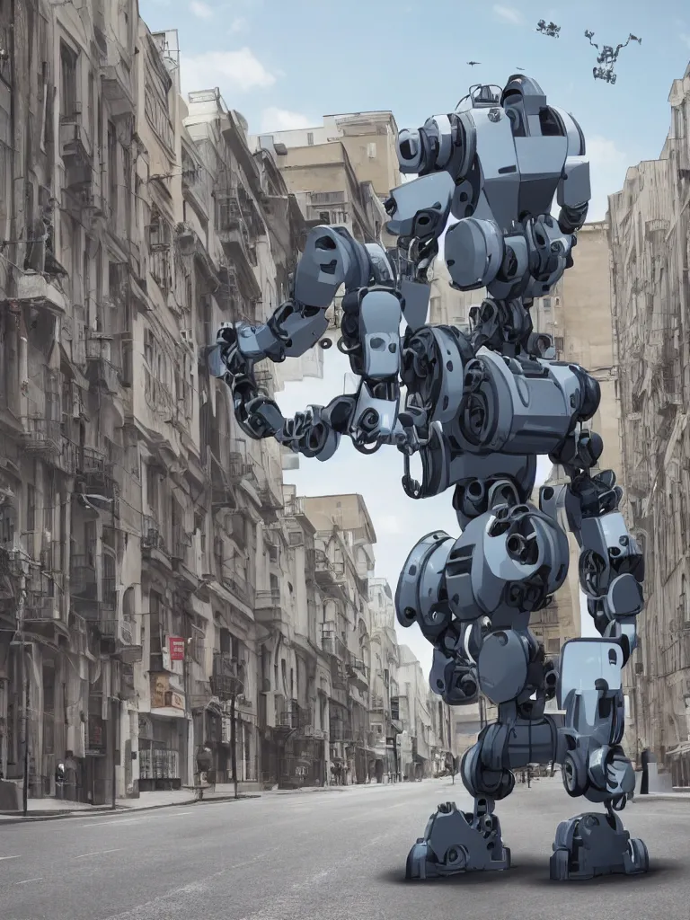 Prompt: a mech robot on a modern street, realistic