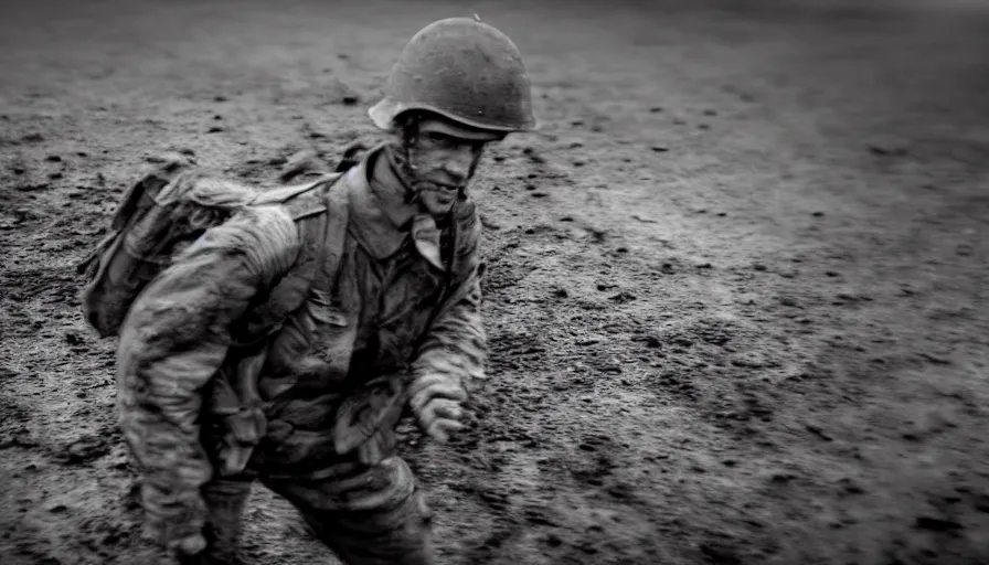 Image similar to screaming World War 1 soldier running away, wartorn landscape, lots of mud puddles and craters, bullets whizzing past camera, atmospheric, dirty lens, cinematic lighting, IMAX close-up of face, cinematography, 35mm