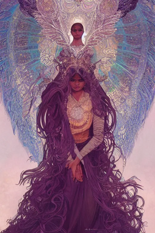 Image similar to Sri lankan girl as a winged angel covered in eyes with glowing halo, iridescent, seraphim, fantasy, intricate, elegant, highly detailed, digital painting, artstation, concept art, smooth, sharp focus, illustration, art by Krenz Cushart and Artem Demura and alphonse mucha