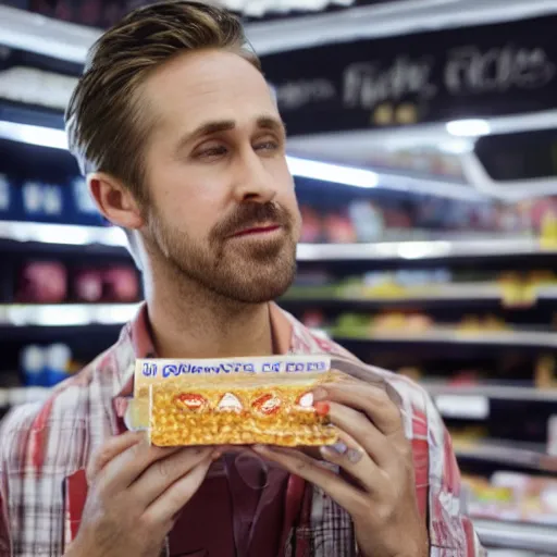 Prompt: !dream ryan gosling at a grocery store counter, holding milky way!! candy bars, hidden camera photo, photograph, hyperrealistic, 8k resolution