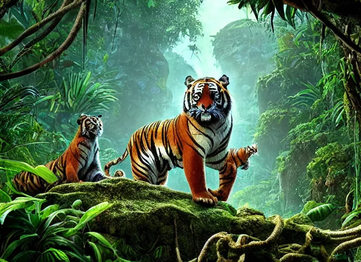 Prompt: a moist and misty jungle, a majestic tiger peeks through the brush, vines swoop in to frame, full color, depth of field, cinematic, digital art in the style of Disney live action the jungle book,