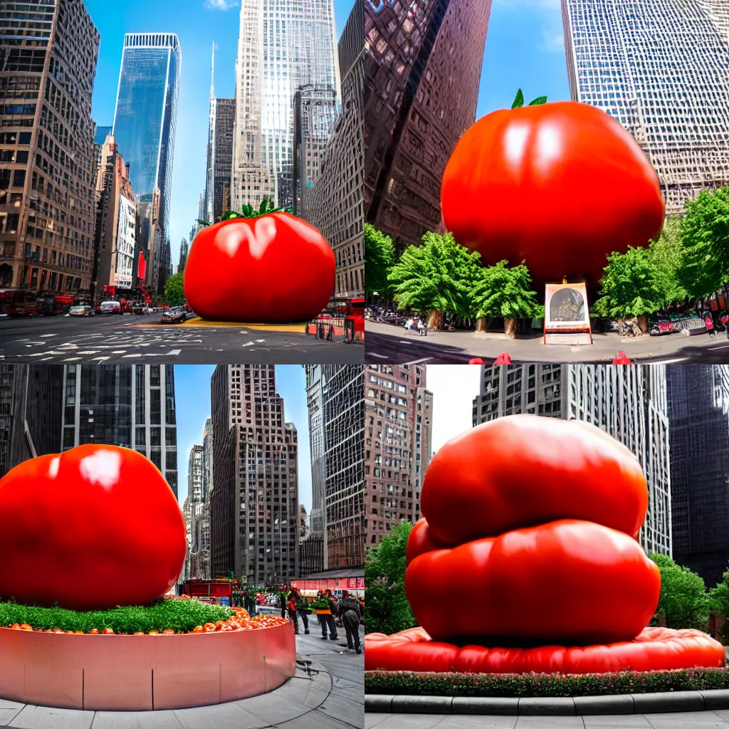 Prompt: a photograph of a gigantic extremely big tomato statue, in the middle of new york, shot with premium dslr camera