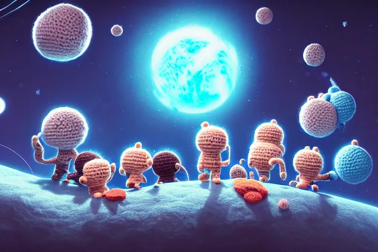 Image similar to an expedition of crochet astronauts discovering a new fluffy planet made out of yarn. cute, illustration, digital art, inspired by little big planet, by greg rutkowski, detailed, sharp, masterpiece, highly detailed, photorealistic, octane render, 8 k, unreal engine 5, trending on artstation