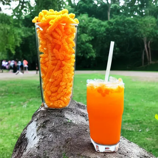 Prompt: a tall glass of cheetos soda at a picnic in the park