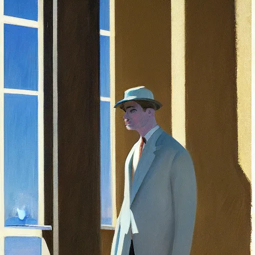 Image similar to portrait of a man standing in front of a tall building, by Edward Hopper and James Gilleard, highly detailed