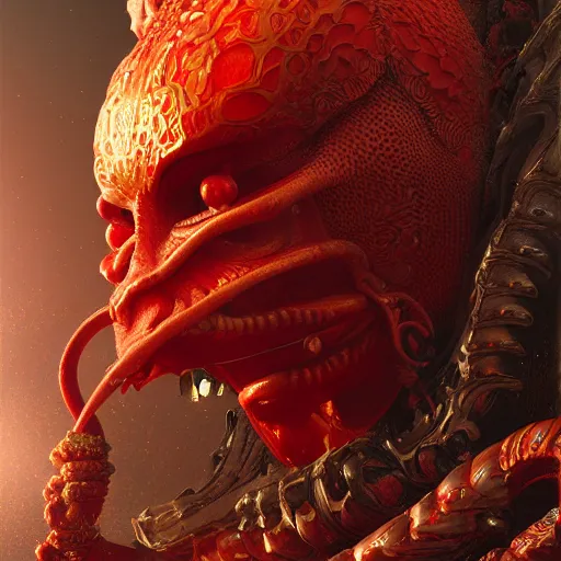 Image similar to The red alien, intricated traditional Chinese textures, rococo decorations, hyper detail, Unreal engine,Octane render, by Karol Bak