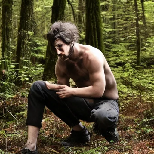 Prompt: !!! chimera consisting of male human and crow, photograph captured in a forest