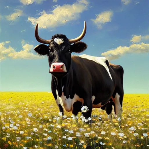 Prompt: Hyper realistic oil painting of a cow standing in the middle of a field of daisies, blue sky, high contrast, by greg rutkowski, trending on artstation