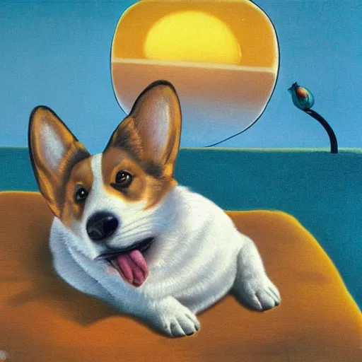 Prompt: corgi sitting behind laptop at sunset drinking cocktail on bed among the greenery, drawn by salvador dali, surrealistic scene