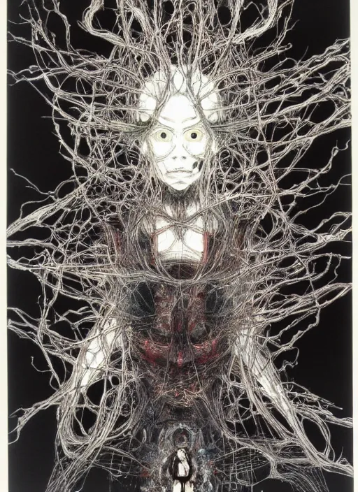 Image similar to portrait of yoshitaka amano's neural nightmare, stark composition