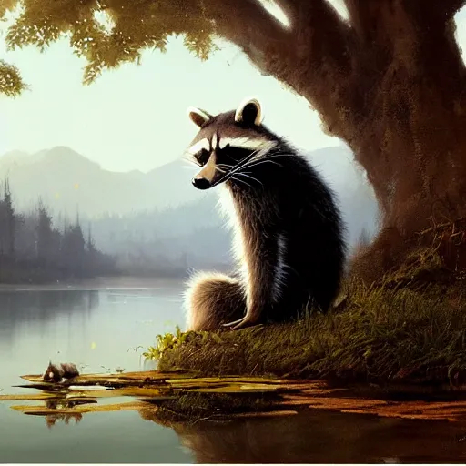 Prompt: A raccoon, wearing a robe, sad expression, sitting at a pond, mountainous area, trees in the background, oil painting, by Greg Rutkowski
